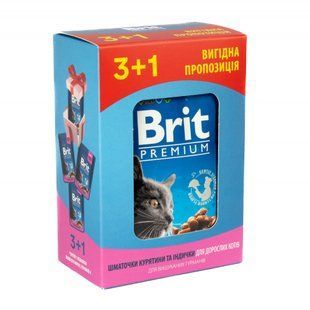 НАБОР Влажный корм Brit Premium Cat для взрослых котов, курица и индейка в соусе 3+1, 400 г VAFO_030332 фото