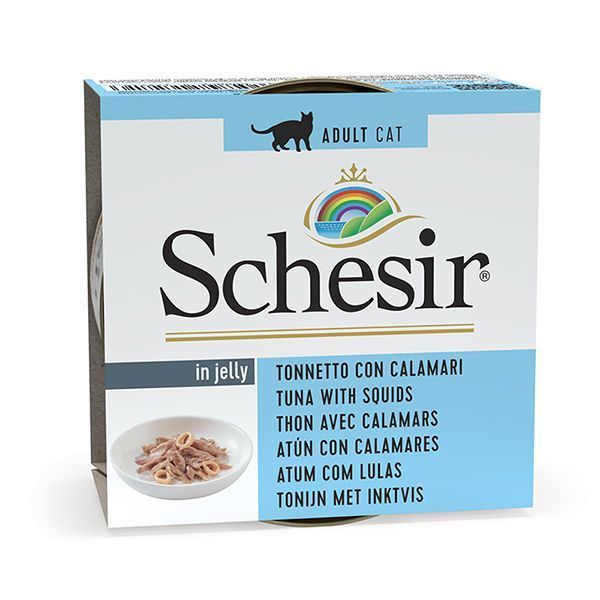 Вологий корм Schesir Cat для дорослих котів, шматочки тунця з кальмаром в желе 85 г 172716 фото