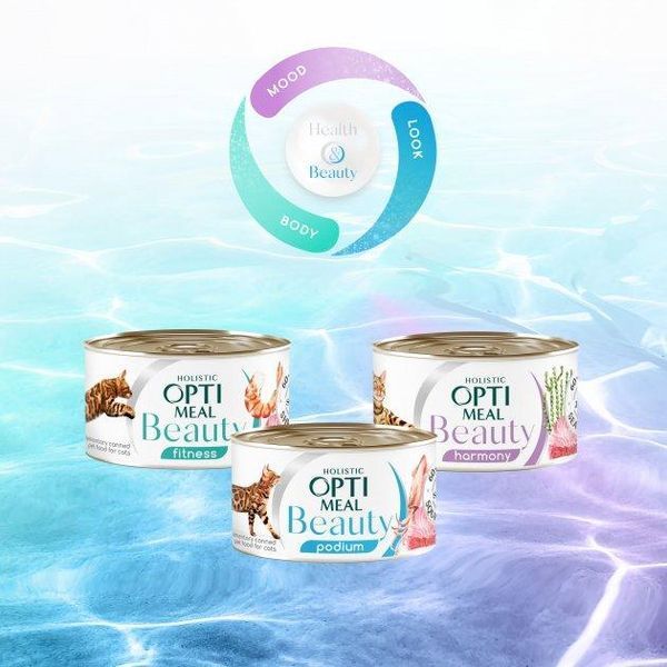 Вологий корм Optimeal Beauty Fitness для дорослих котів, тунець з креветками в соусі 70 г 366229 фото