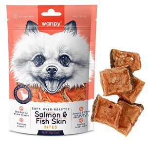 Лакомство Wanpy Soft Salmon & Fish Skin Bites для собак, мягкие кусочки лосося 100 г FA-31 фото