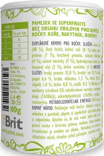 Лакомство Brit Care Cat Snack Superfruits Chicken для взрослых котов, с облепихой курицей и черникой 100 г 111269 фото