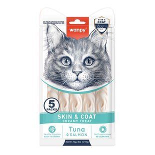 Функціональні ласощі Wanpy Creamy Lickable Treats Skin&Coat для дорослих котів, покращення шкіри та шерсті, тунець з лососем 70 г RAC-67x12 фото