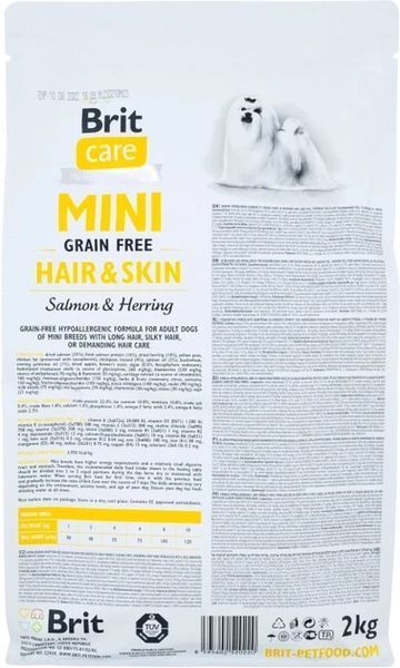 Сухой корм Brit Care Grain Free Mini Hair and Skin для взрослых собак малых пород для кожи и шерсти, с лососем и селедкой 2 кг 170782/0220 фото