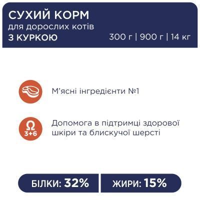 Сухий корм Клуб 4 Лапи Adult Cat Premium для дорослих котів, з куркою 900 г B4620411 фото