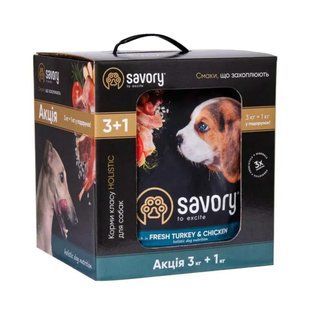 НАБОР Сухой корм Savory Puppy All Breeds для щенков всех пород, со свежей индейкой и курицей 3 кг + 1 кг Savory_016817 Акция 3+1 фото