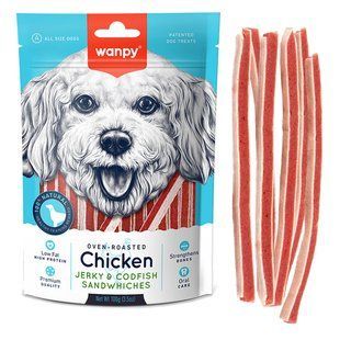 Ласощі Wanpy Chicken Jerky & Codfish Sandwiches для собак, в'ялені смужки з курки і тріски 100 г CC-01S фото