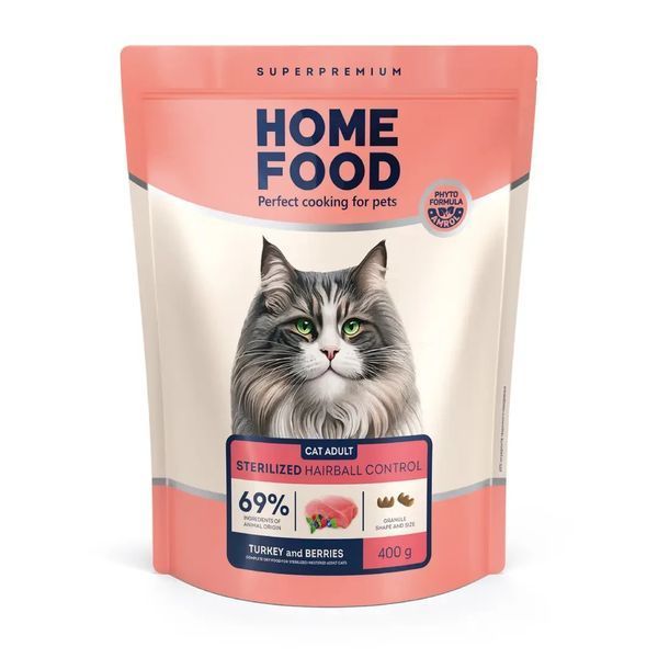 Сухой корм Home Food Cat Adult для взрослых стерилизованных котов, эффект выведения шерсти, индейки и ягоды 400 г KHC-0.4 фото