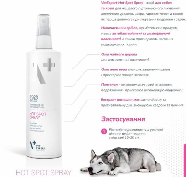 Спрей Vet Expert NanoSilver Hot Spot для собак и котов, для горячих точек и мест поражения кожи 100 мл 201392 фото
