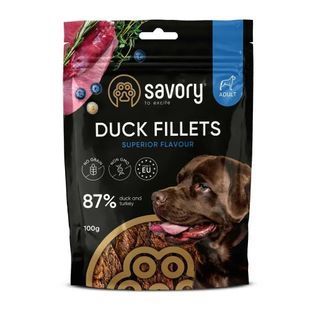 Ласощі Savory Duck Fillets для дорослих собак усіх порід із чутливим травленням або алергією на злаки, з індичкою та качкою 100 г 21151 фото
