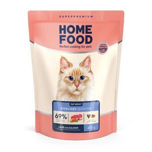 Сухой корм Home Food Cat Adult для взрослых стерилизованных котов, с чувствительным пищеварением, ягненок и лосось 400 г KYL-0.4 фото