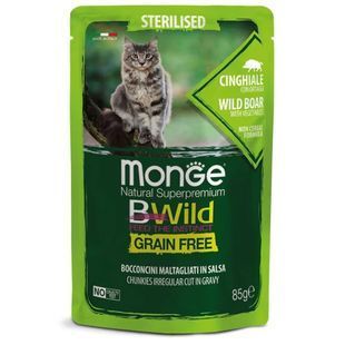 Влажный беззерновой корм Monge Cat Bwild Sterilised для взрослых стерилизованных котов, мясо дикого кабана с овощами 85 г 70012805 фото