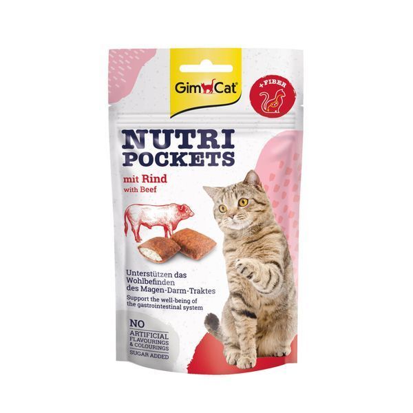 Лакомство GimCat Nutri Pockets для взрослых котов, вывод шерсти из желудка, говядина и солод 60 г G-400747 фото