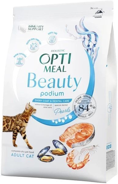 Сухий корм Optimeal Beauty Podium для дорослих котів, догляд за шерстю та зубами, на основі морепродуктів 4 кг B1842201 фото