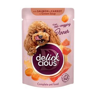 Влажный корм Delickcious для взрослых собак, полоски с лососем и морковью в крем-супе 85 г D6211402 фото