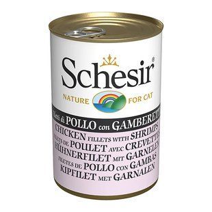 Вологий корм Schesir Cat для дорослих котів, шматочки курки з креветками в желе 140 г 273697 фото