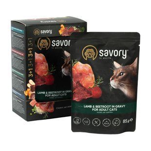 НАБОР Влажный корм Savory Adult Cat Pouch для взрослых котов, с ягненком и свеклой в соусе 3+1, 340 Г Акція Savory_047606 фото