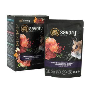 НАБОР Влажный корм Savory Sterilised Cat Pouch для стерилизованных котов, с ягненком и клюквой в соусе 3+1, 340 Г Акція Savory_047613 фото