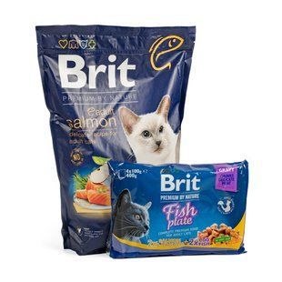 НАБІР Сухий корм Brit Premium By Nature для дорослих котів, з лососем 1.5 кг + 400 г VAFO_49617 фото