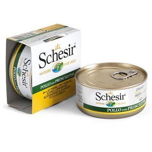Вологий корм Schesir Dog для дорослих собак, шматочки курячого філе з шинкою в желе 150 г 712554 фото